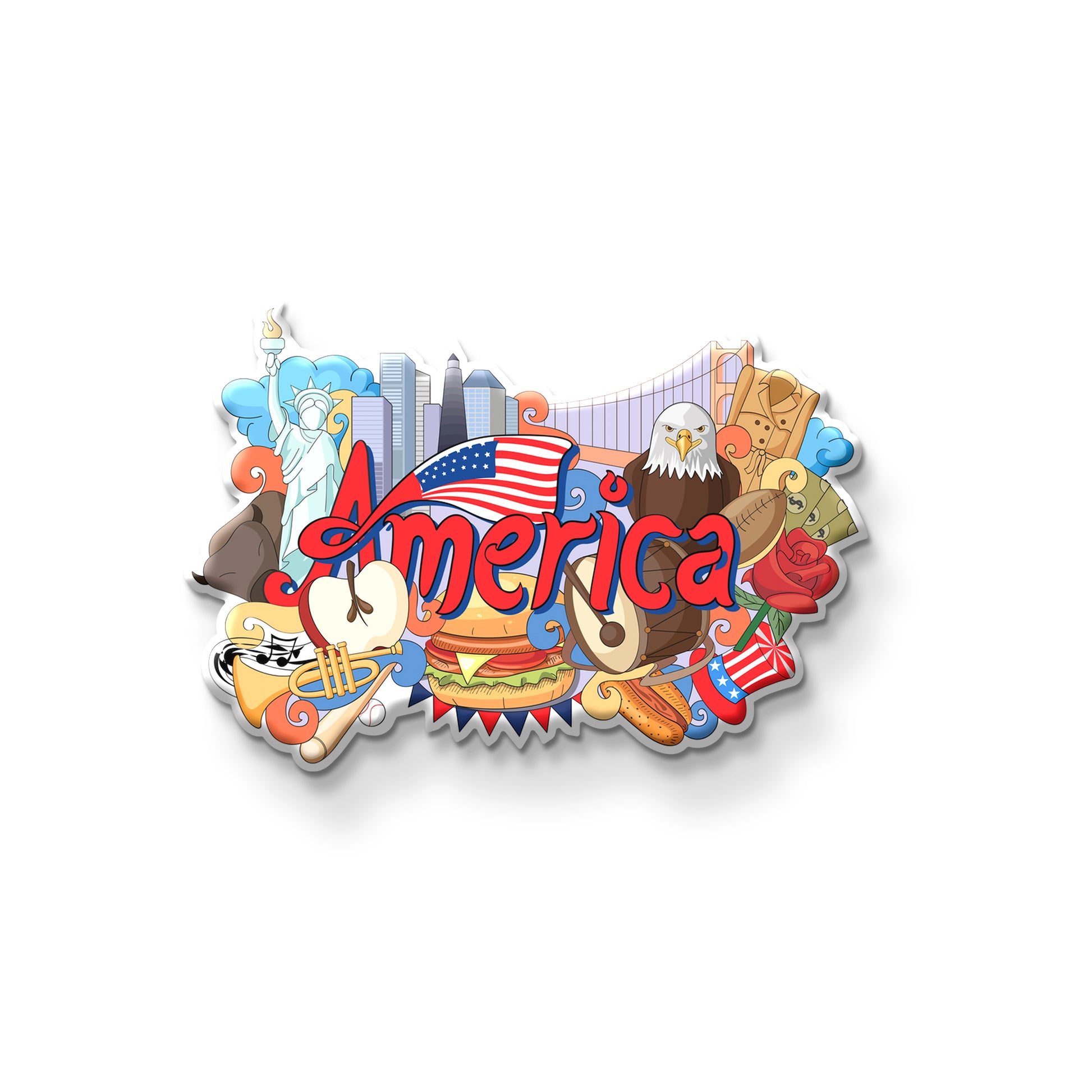 Colorful graphic of 'America' with various symbols on a white background