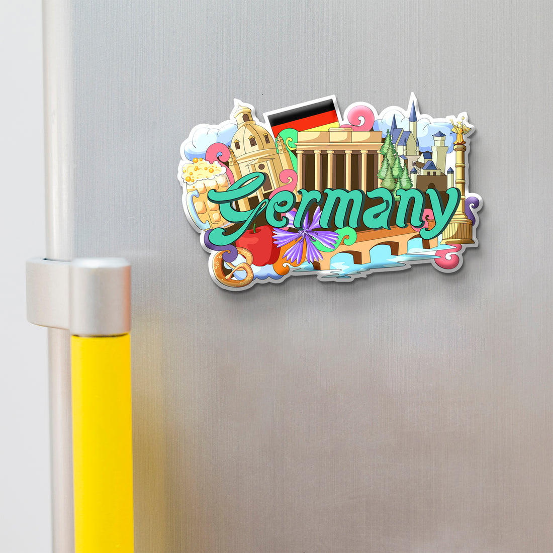 Fridge magnet with German-themed design on a refrigerator