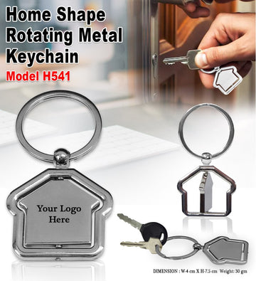 Home Shape Rotating Metal Keychain - With Laser Engraving Both Side