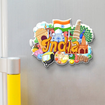 Colorful 'India' magnet with various symbols on a metallic surface