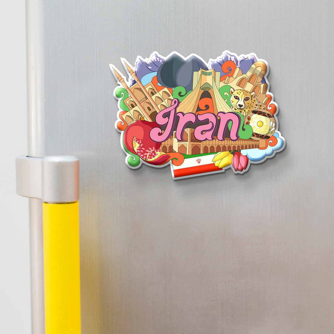 Colorful 'Iran' magnet with landmarks on a refrigerator