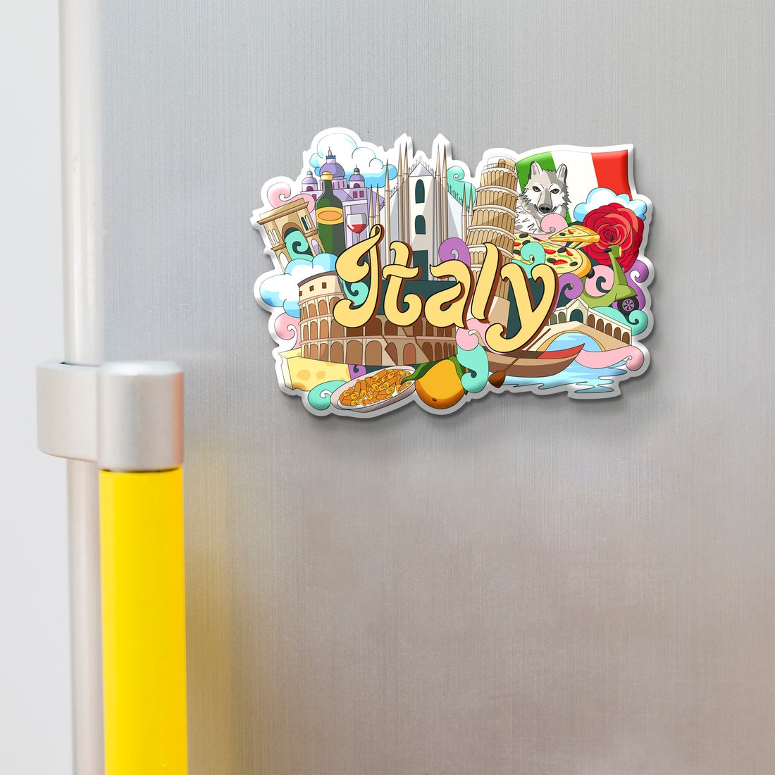 Colorful 'Italy' magnet with iconic symbols on a refrigerator.