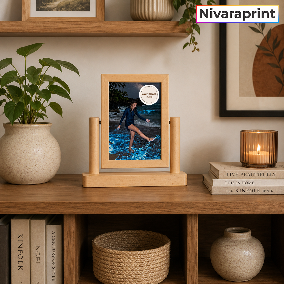 Nivaraprint Personalized Wooden Vertical Rotating Photo Frame | Double-Sided 360° Tabletop Photo Frame