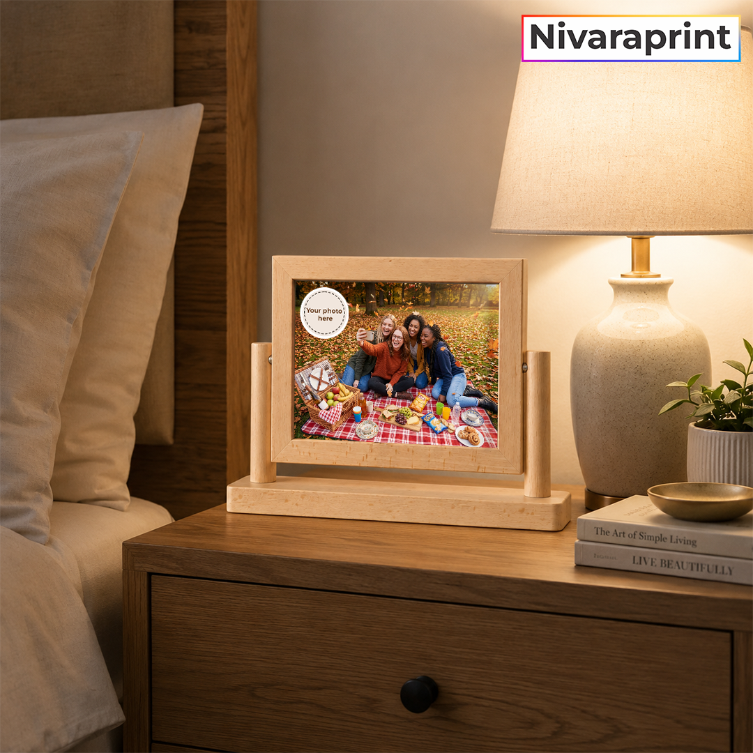 Nivaraprint Personalized Wooden Rectangle Rotating Photo Frame | Double-Sided 360° Tabletop Photo Frame