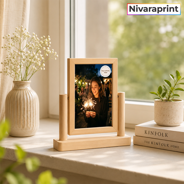 Nivaraprint Personalized Wooden Vertical Rotating Photo Frame | Double-Sided 360° Tabletop Photo Frame