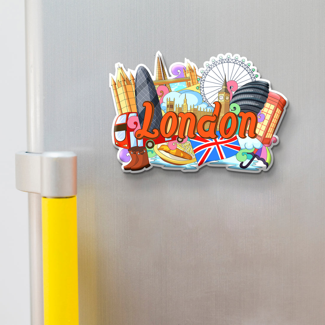 Fridge magnet with London-themed design featuring iconic British sights on a metallic surface.