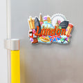 Fridge magnet with London-themed design featuring iconic British sights on a metallic surface.