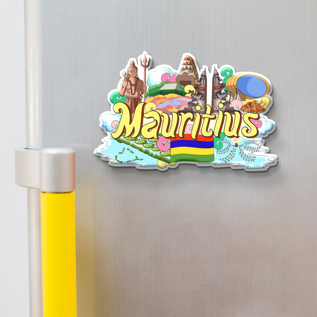 Fridge magnet with 'Mauritius' design on a refrigerator