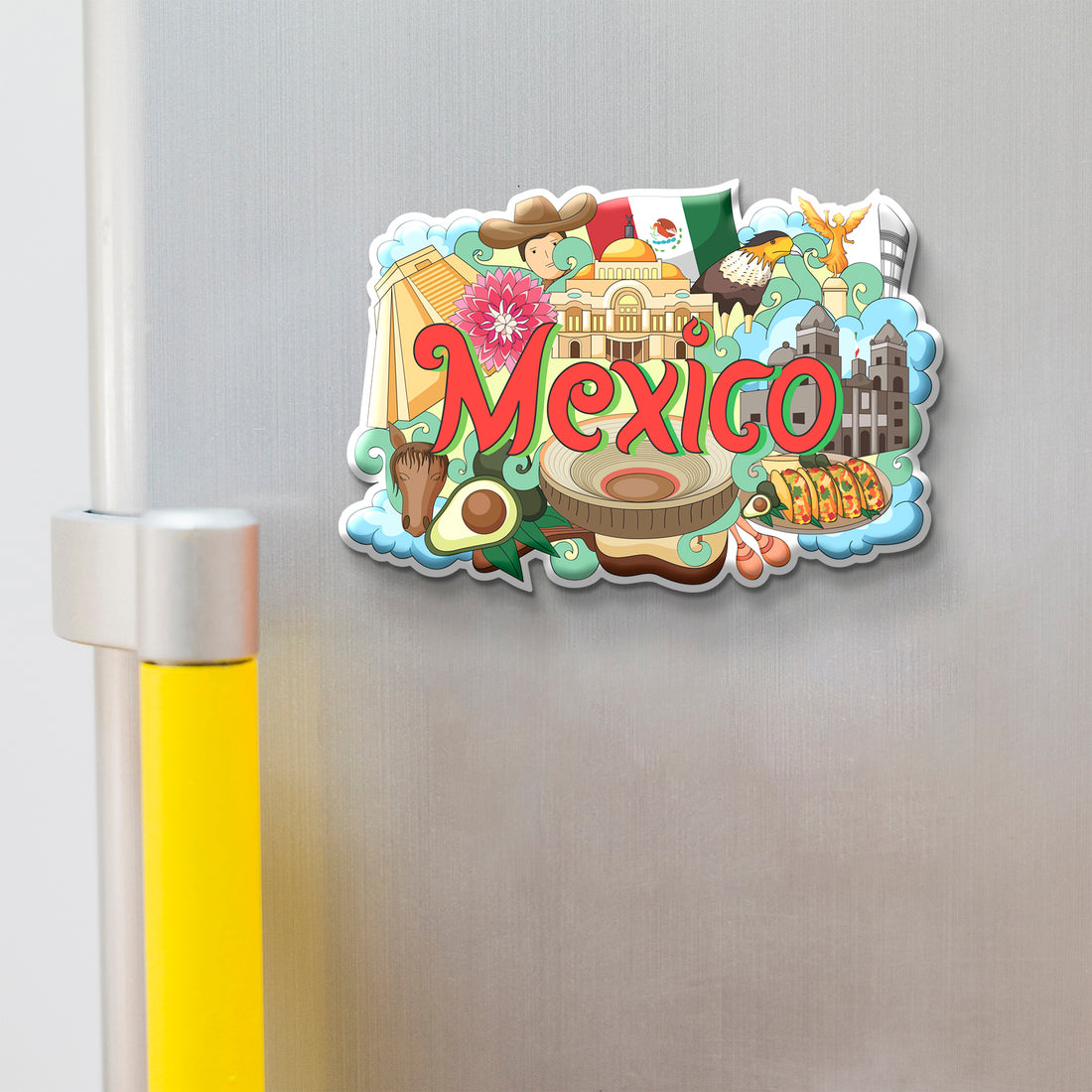 Colorful 'Mexico' themed magnet on a refrigerator