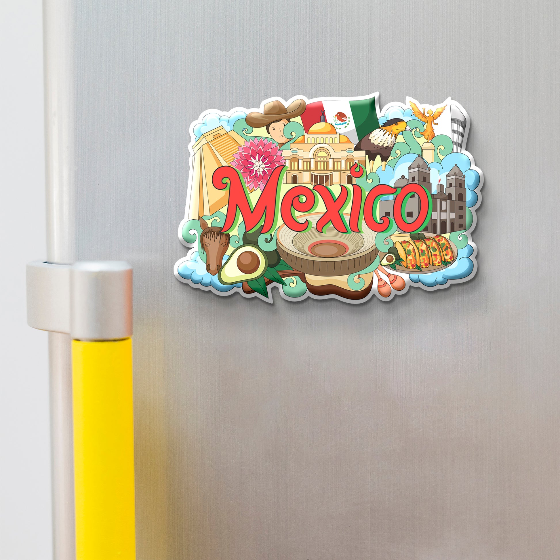 Colorful 'Mexico' themed magnet on a refrigerator