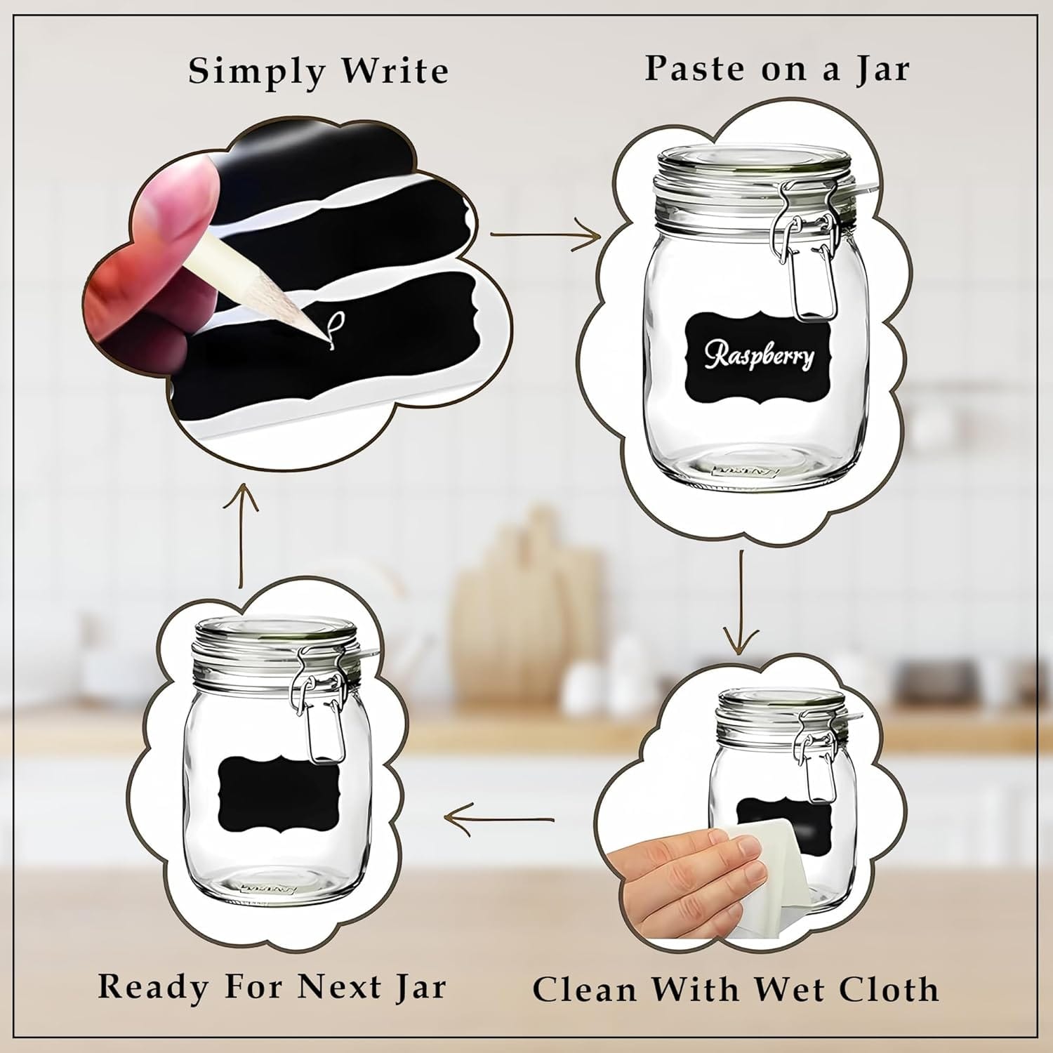 Nivaraprint 100 Piece Waterproof Vinyl Black Labels Stickers for Mason Jar Glass & Plastic Bottles | With 1 Piece White Pencil