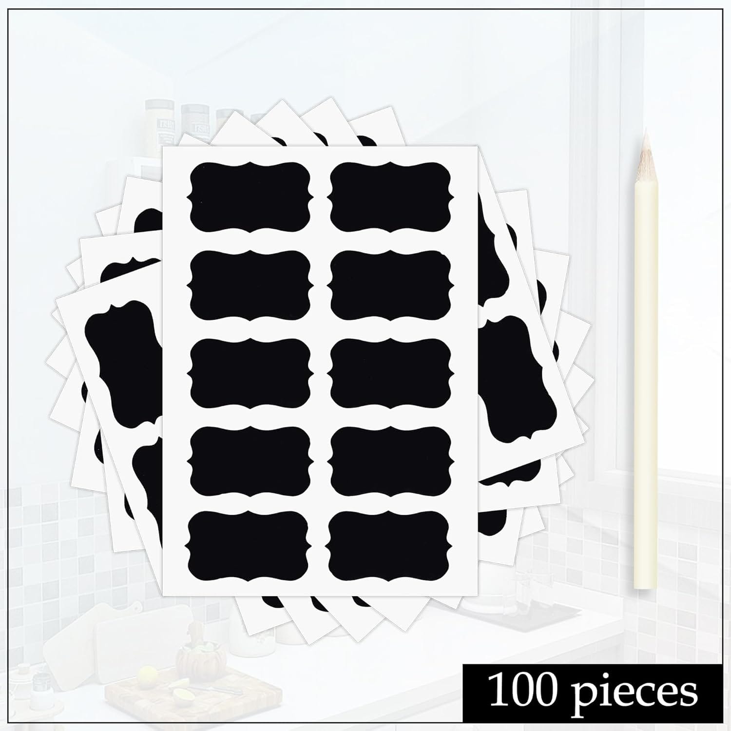 Nivaraprint 100 Piece Waterproof Vinyl Black Labels Stickers for Mason Jar Glass & Plastic Bottles | With 1 Piece White Pencil