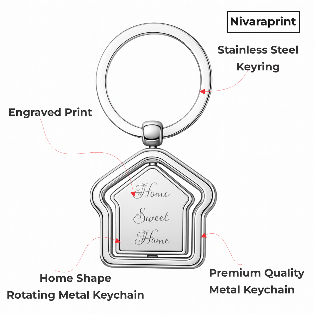 Nivaraprint Home Sweet Home Keychain | Metal Keychain | Home Shape | Rotating Keychain | Pack of 2