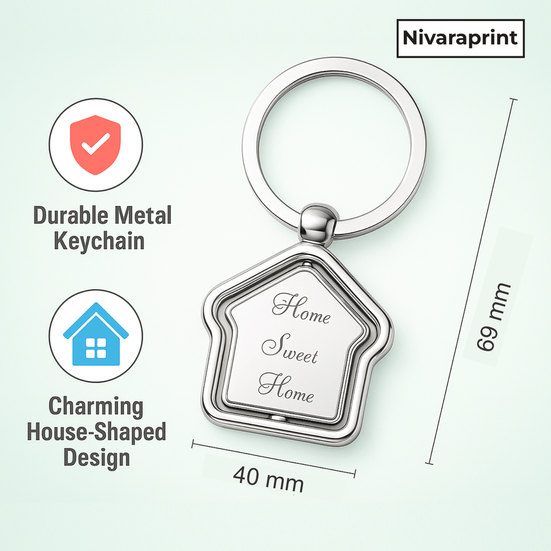Nivaraprint Home Sweet Home Keychain | Metal Keychain | Home Shape | Rotating Keychain | Pack of 2
