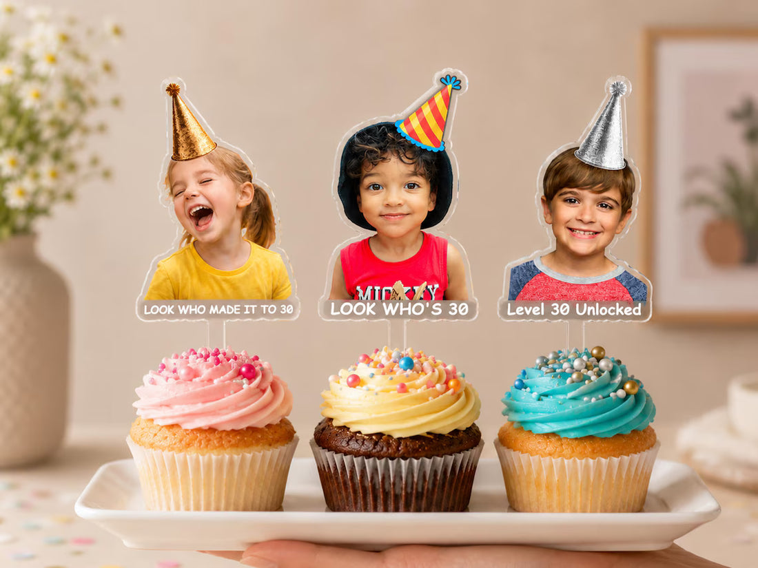 Personalized Milestone Birthday Photo Cake Topper & Party Favors by Nivaraprint