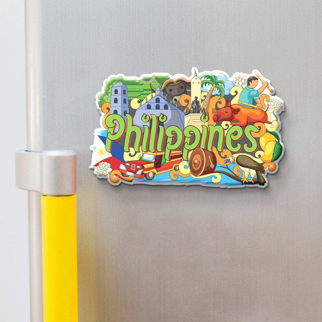 Colorful 'Philippines' magnet with various symbols on a refrigerator.