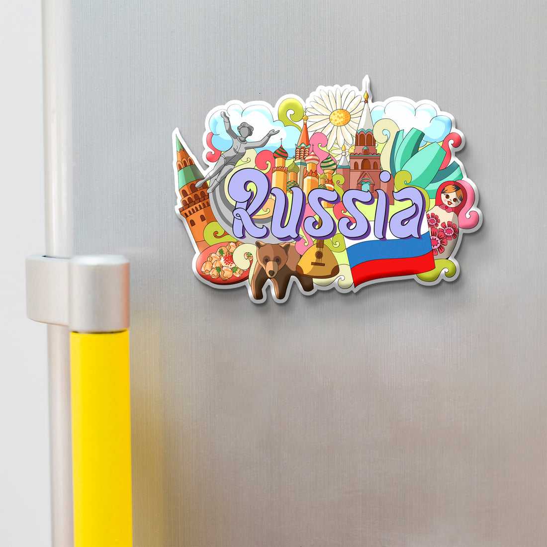 Colorful 'Russia' magnet with national symbols on a refrigerator.