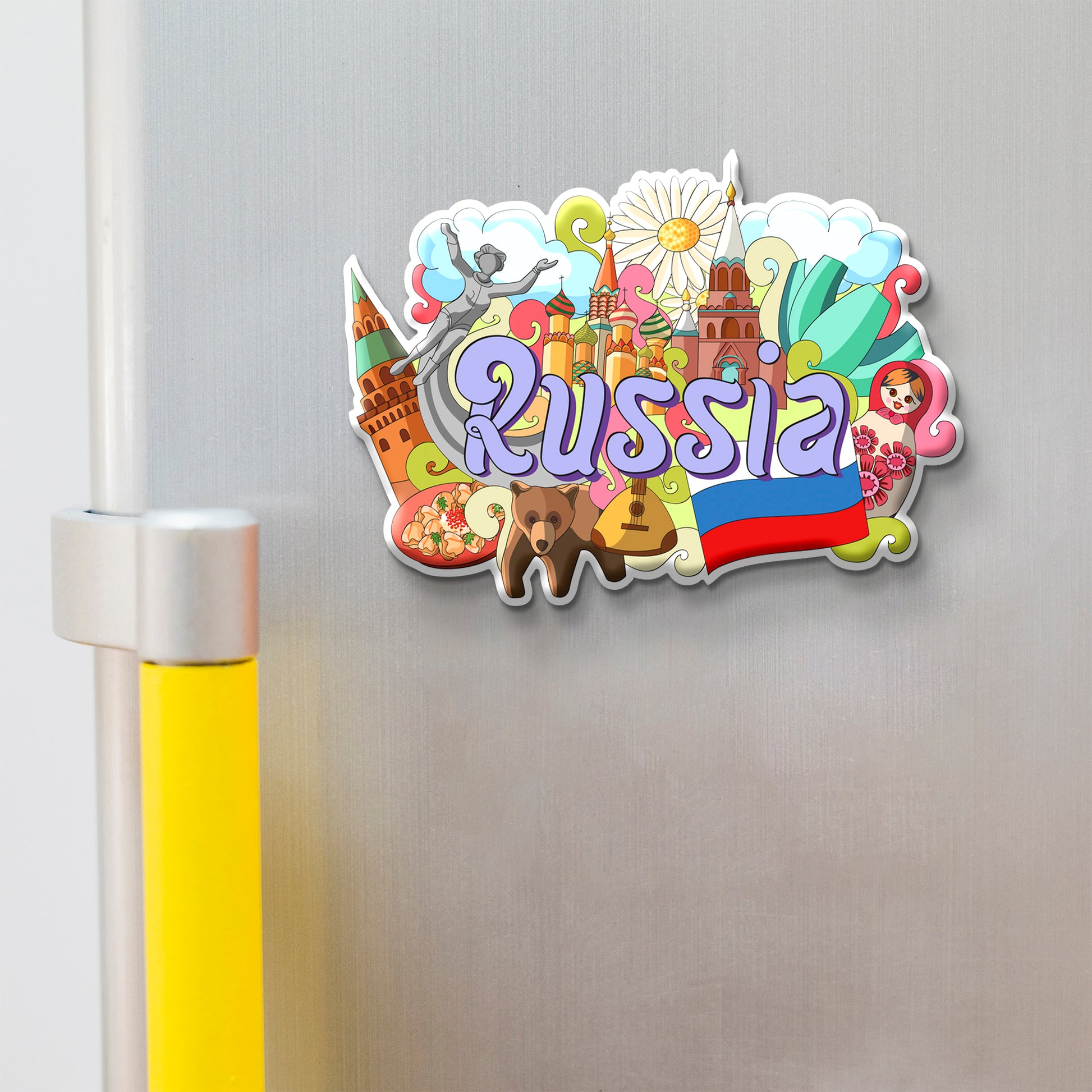 Colorful 'Russia' magnet with national symbols on a refrigerator.
