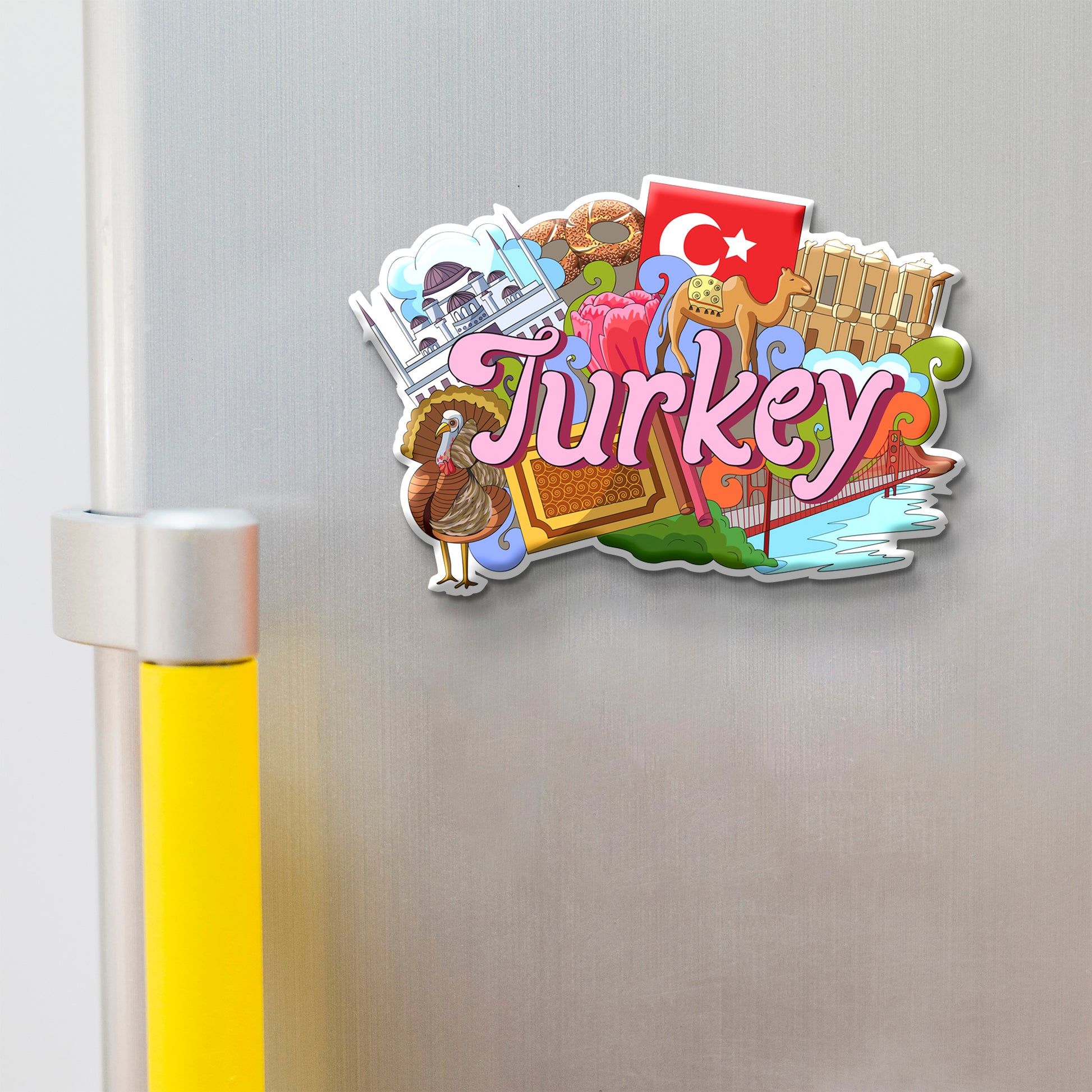 Fridge magnet shaped like Turkey with colorful design on a refrigerator.