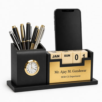 Wooden Pen Stand Desk Organizer with Calendar & Watch Stand | Corporate Gift & Office Desk Organizer