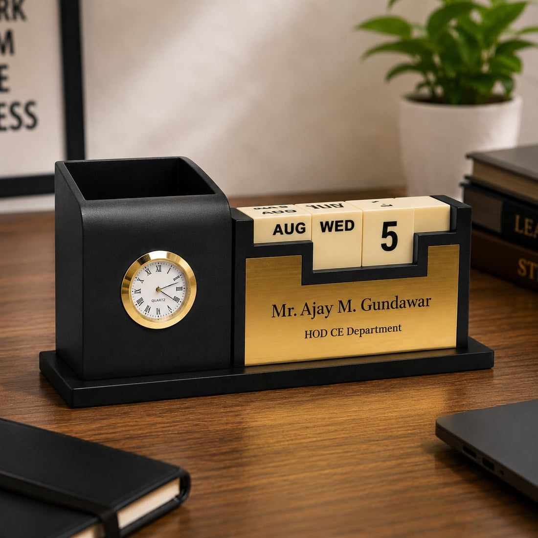 Wooden Pen Stand Desk Organizer with Calendar & Watch Stand | Corporate Gift & Office Desk Organizer