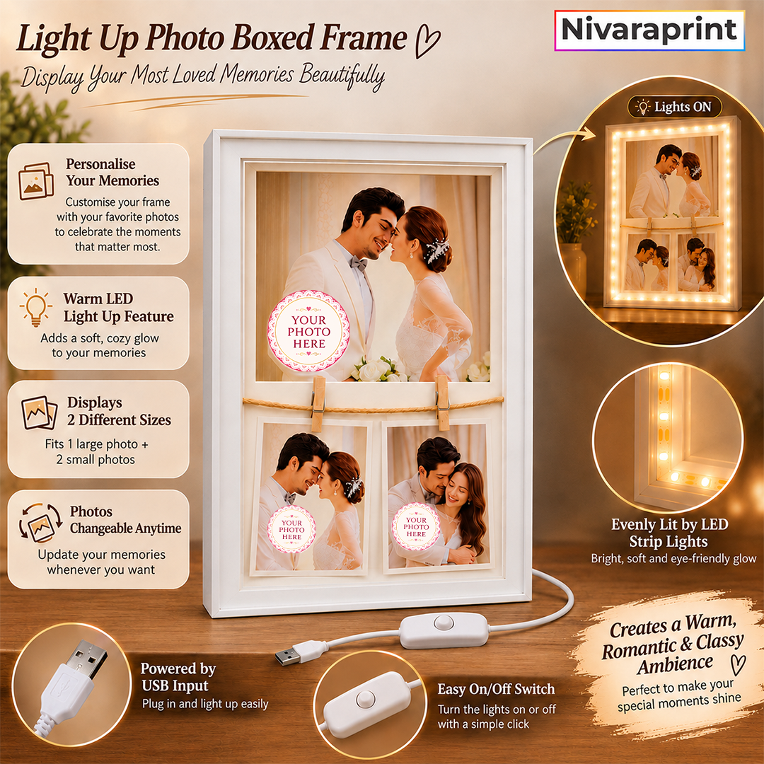 Nivaraprint Personalized LED Box Photo Frame | 3 Photo Collage Memory Frame
