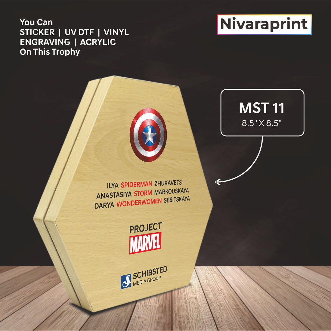Premium Wooden Trophy MST 11 with UV Print and Laser Engraving - Custom Corporate Award by Nivaraprint