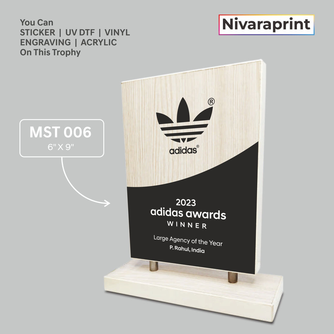 Wooden Trophy Award MST 06 - 6x9 Inch Square Panel with Base - UV Print Laser Engraving Corporate Award by Nivaraprint India